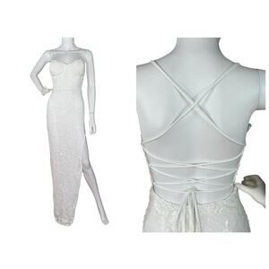 Lovesome Lace-Up Sequin Slip Dress Gown Prom Homecoming Wedding White Sz S